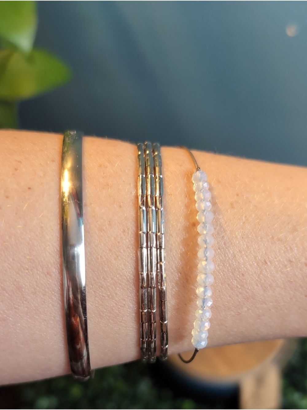 5x Silver and Opal-Effect Stackable Bracelet Set